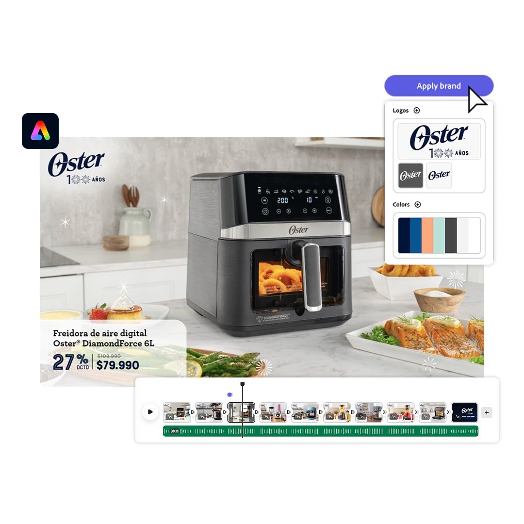 Oster DiamondForce air fryer promo with brand-kit application and an automated short-form video timeline