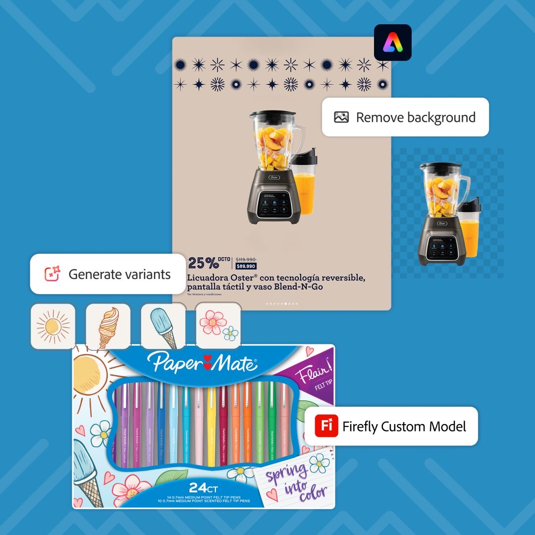 Paper Mate and Oster retail creative produced with Adobe Firefly — background removal, variant generation, and a custom Firefly model